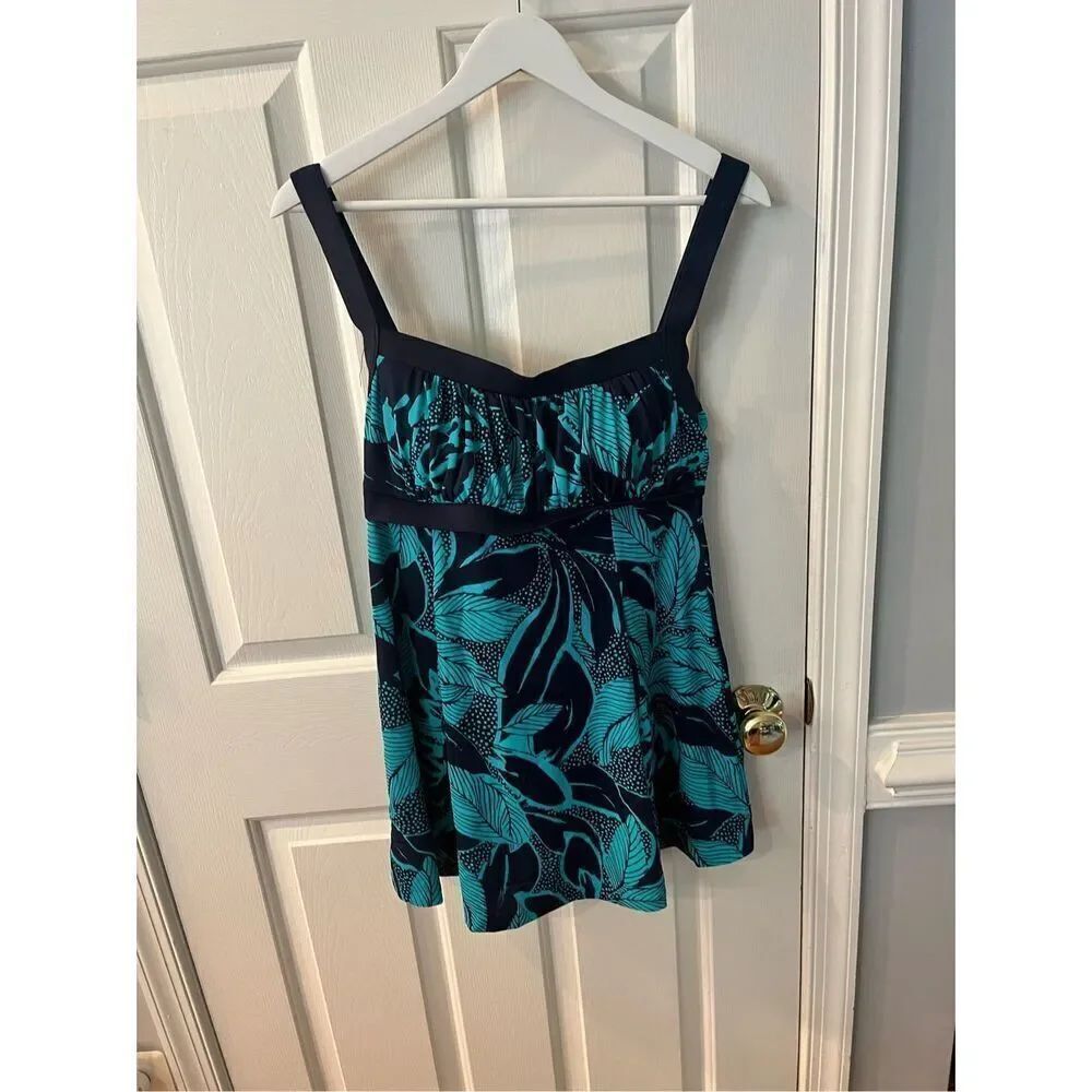 Maxine of Hollywood Navy & Teal Leaves Swim Dress sz 12 EUC